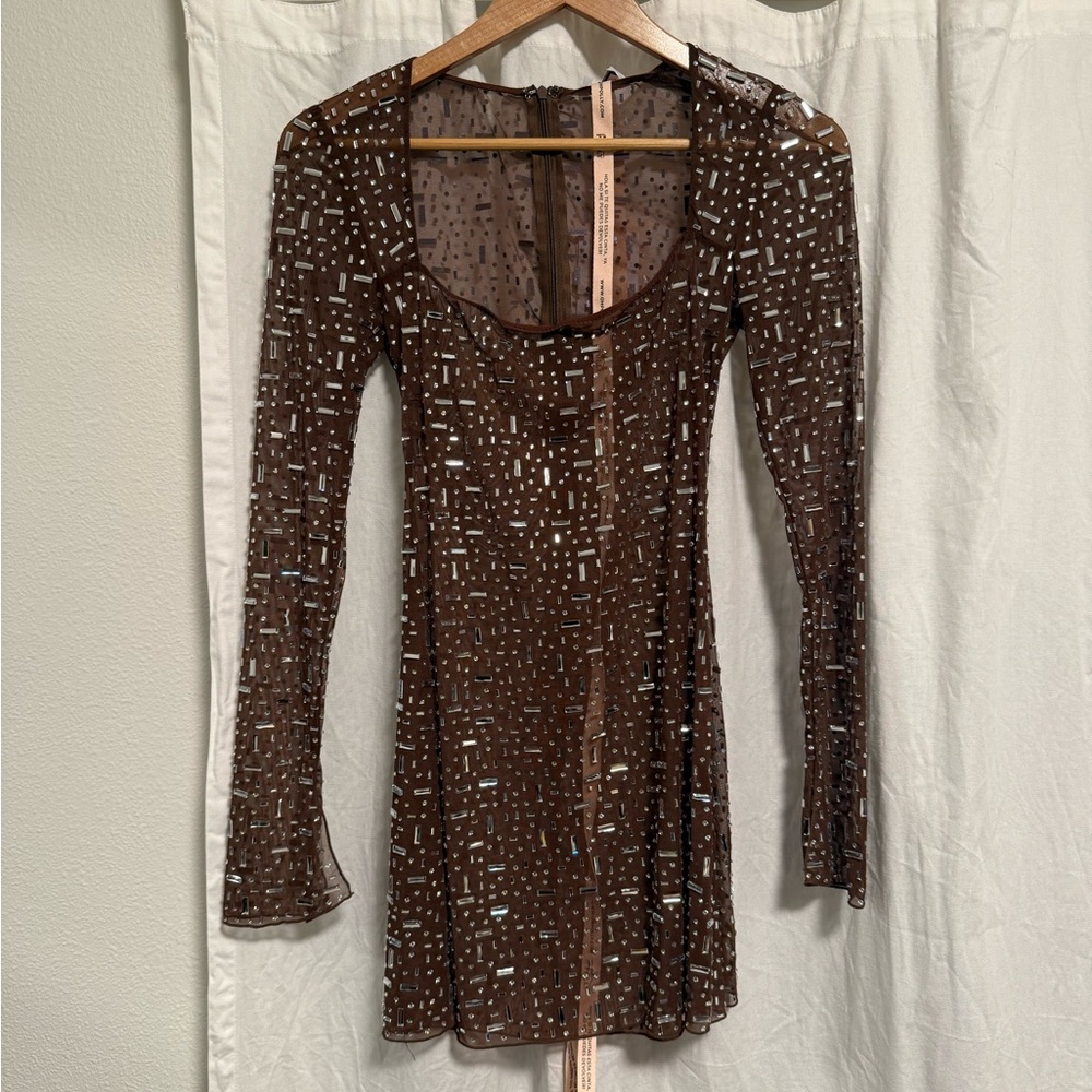 Oh Polly Brown Long-Sleeve Mini Dress with Silver Embellishment - Picture 4 of 9